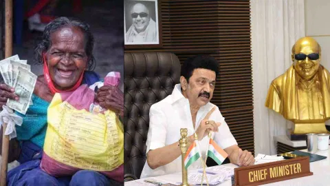 (L-R) 'Grandma' Velammal of Nagercoil; Chief Minister M K Stalin&nbsp;