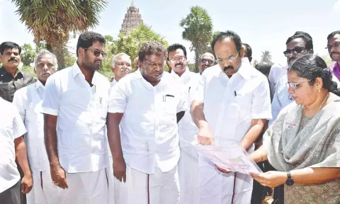 Minister Thangam Thennarasu inspects the site identified for the construction of museum in Ariyalur district on Friday