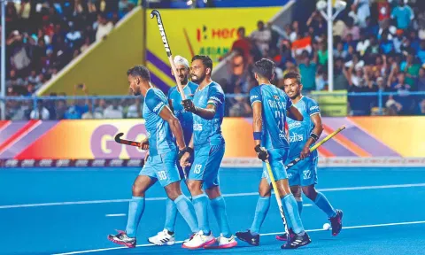 India celebrates its win over Pakistan. (Justin George)