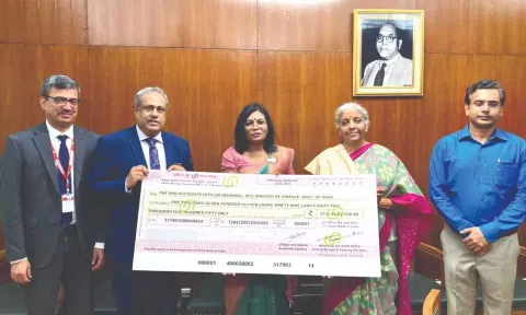A. Manimekhalai, Managing Director &amp; CEO of Union Bank of India handed over the dividend cheque to Finance Minister Nirmala Sitharaman on Wednesday.