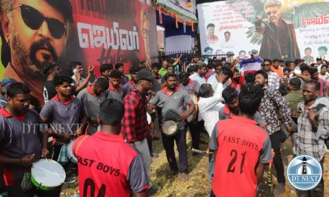 Several fans are celebrating outside the cinema hall (Image: Hemanathan M)