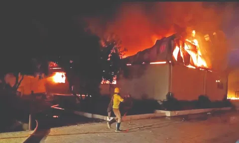 Fire Service personnel struggling to douse the fire that broke out at the manufacturing unit. It was brought under control after several hours.