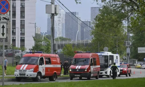 Police and emergency vehicles parked at the side of the wreckage&nbsp;