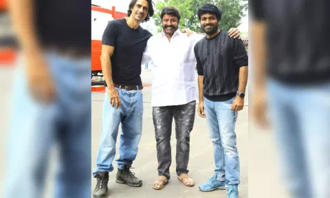 Arjun Rampal with his co-star Bala Krishna and director Anil Ravipudi