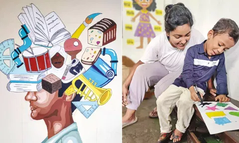 Wall painting at Juvenile home, Volunteer giving a helping hand,