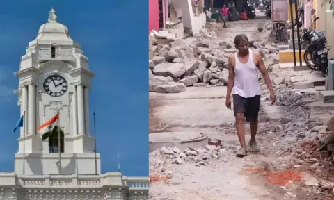 Greater Chennai Corporation (left); Concrete road debris at VOC Nagar in North Chennai not removed for over 10 days