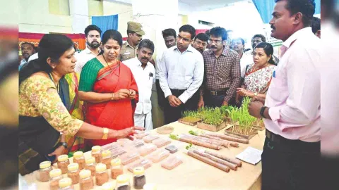 Kanimozhi, MP, visiting an agriculture expo at ACRI in Killikulam, Thoothukudi on Thursday