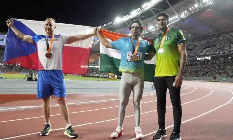Bronze medalist
Jakub Vadlejch, of the Czech Republic, gold medalist Neeraj Chopra, of India, and silver medalist Arshad Nadeem, of Pakistan