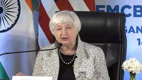 US Treasury Secretary Janet Yellen in Gandhinagar, Gujarat. (Photo: ANI)