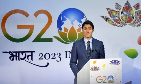 Canadian PM Justin Trudeau addresses the media during a press conference after attending G20 Summit, in New Delhi on September 10. (ANI)

