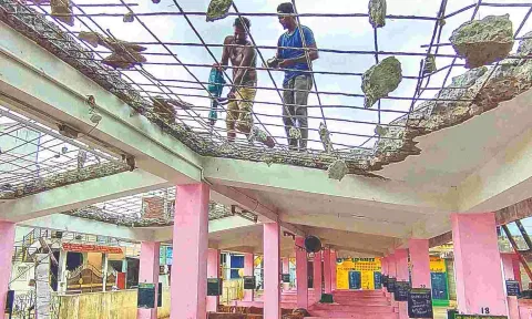 Renovation works under way at the Uzhavar Sandhai in Kagithapattarai, Vellore