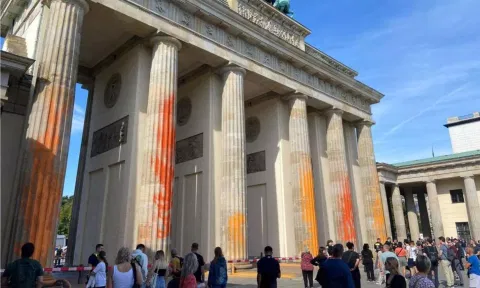 The spray-painted Brandenburg Gate. Reuters