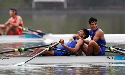 India’s Arjun Jat Lal and Arvind Singh react after winning the silver medal in the Lightweight Men’s Double Sculls (Reuters)&nbsp;