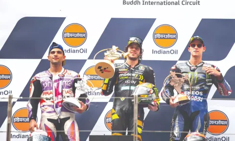 (L-R) Jorge Martin, Marco Bezzecchi, Fabio Quartararo on the winners podium at Buddh International Circuit on Sunday