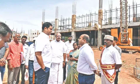 Industries Minister TRB Rajaa inspecting the ongoing Tidel park construction works in Thanjavur on Thursday