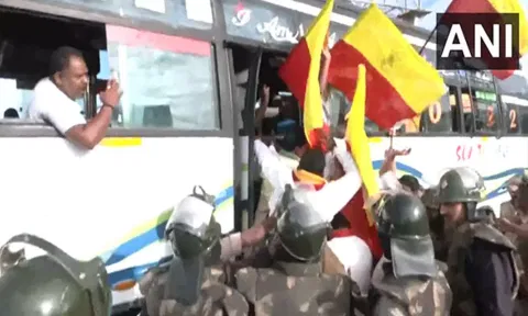 Visuals from protests near Attibele, Karnataka. (ANI)