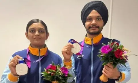 Divya Thadigol Subbaraju and Sarabjot Singh. (Picture: Anurag Thakur Twitter)