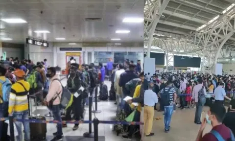 &nbsp;Passengers waiting in a long queue in Chennai airport