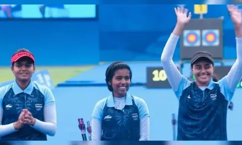 Jyothi Surekha Vennam, Aditi Swami, and Parneet Kaur at the Asian Games. (PTI)&nbsp;