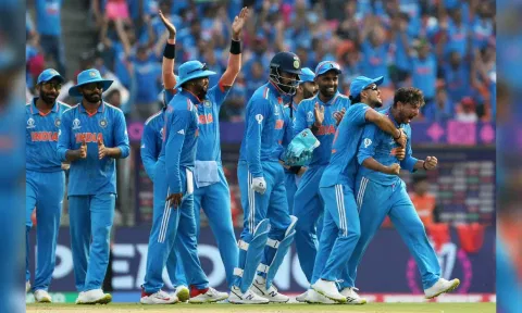 Team India players celebrating the seven-wicket win over Pakistan in the ODI World Cup match held at Narendra Modi Stadium in Ahmedabad.