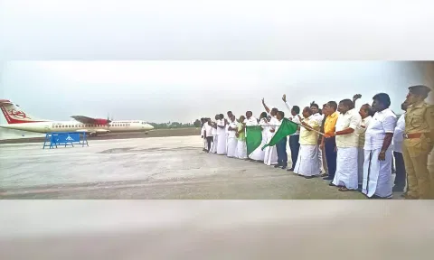 Ministers KN Nehru and R Sakkarapani flagged off the Alliance Air flight.&nbsp;