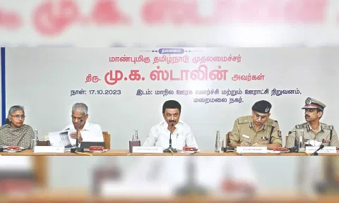 TN CM MK Stalin reviews L&amp;O with senior officials in Chengalpattu on Tuesday.
