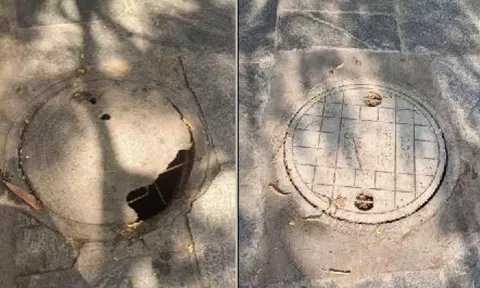 Before and after picture of broken manhole lids&nbsp;