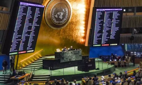 Results are displayed as the UN General Assembly voted for a non-binding resolution calling for a “humanitarian truce” in Gaza and a cessation of hostilities between Israel and Hamas on October 27, 2023 at UN headquarters. (AP)