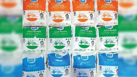 The milk packets with CM MK Stalin and former CM M Karunanidhi’s pictures
