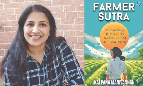 Organic farmer Kalpana Manivannan; 'Farmer sutra' book cover