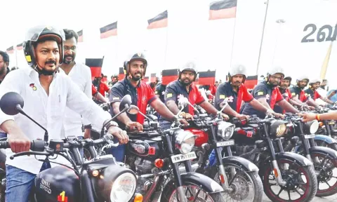 Minister Udhayanidhi Stalin launching an awareness bike rally for December 17 DMK’s Youth Wing conference, in Kanniyakumari on Wednesday