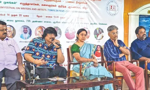Manushyaputhiran, Chairperson of the Chennai Local Library Authority, delivers a talk at the inaugural session