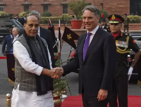 Defence Minister Rajnath Singh with Australian Deputy Prime Minister and Defence Minister Richard Marles&nbsp;