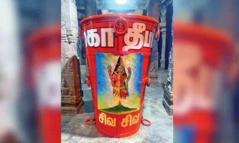 The cauldron, which will be taken to the top of Annamalai hill for the Maha Deepam fest on Saturday
