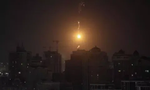 &nbsp;An explosion of a drone is seen in the sky over the city during a Russian drone strike, amid Russia's attack on Ukraine, in Kyiv (Reuters)