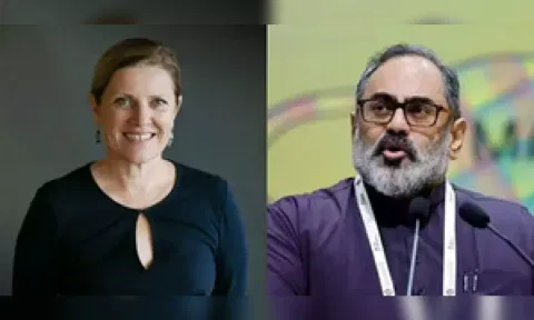Michaela Browning, VP, Government Affairs &amp; Public Policy, Google Asia Pacific (Left) and Minister of State for Electronics and IT Rajeev Chandrasekhar