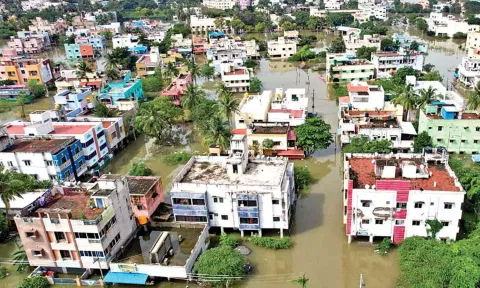 An aerial of view of flooded Varadharajapuram