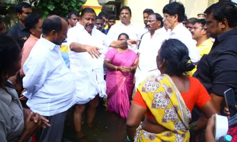 Municipal administration minister KN Nehru inspects storm water drain works