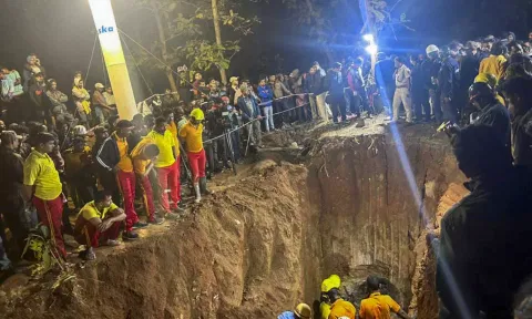 Visual from the resue operation in an abandoned borewell in Odisha’s Sambalpur district. (PTI)