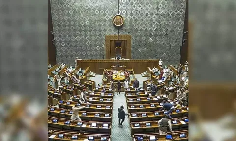 A visitor jumps into the Lok Sabha chamber from the public gallery on December 13. (Sansad TV/PTI)