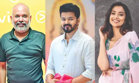 (L to R) Venkat Prabhu, Vijay and Meenakshi Chaudhary.
