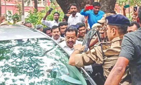 Ponmudy after the Madras High Court pronounced the quantum of punishment in the disproportionate assets case. (Photo credit: Hemanathan M)