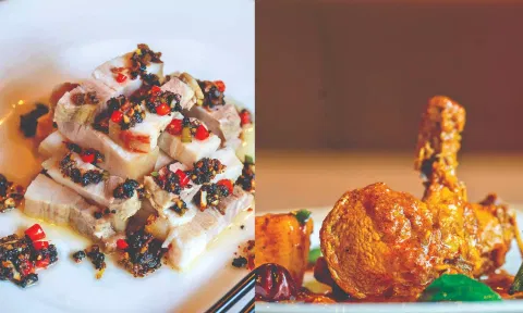 Steamed Belgian pork belly; Nadan duck curry.
