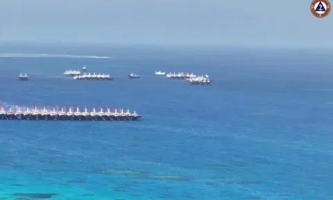 &nbsp;Chinese militia vessels operate at Whitsun Reef in the South China Sea (Reuters)