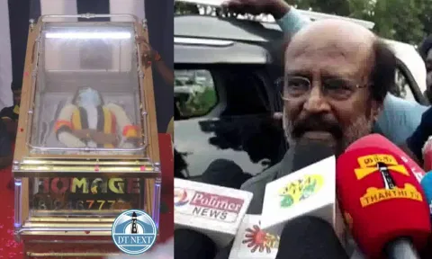 Rajinikanth; DMDK founder Vijayakanth's mortal remains kept at Chennai's Island Grounds. (Photo credit: Hemanathan M)