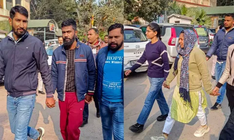 Neelam Azad and Manoranjan D, two accused arrested in the Parliament security breach case, being produced at the Patiala House court, in New DelhI, on Tuesday. (PTI)