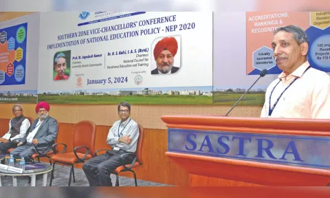 UGC Chairman M Jagadesh Kumar addressing among the VCs in Thanjavur on Friday