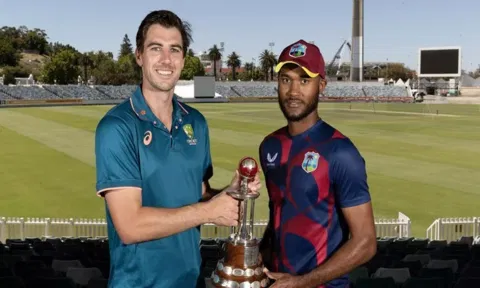 Pat Cummins and Kraigg Brathwaite. (Photo: West Indies Cricket)