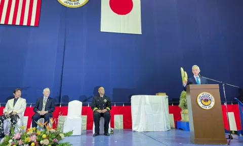 U.S. ambassador to Japan Rahm Emmanuel speaks at a U.S. naval ship repair facility in Yokosuka