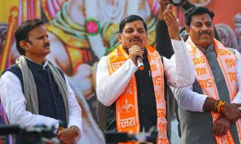Madhya Pradesh CM Mohan Yadav and Deputy CM Rajendra Shukla during a 'Hanuman Chalisa' recitation programme, n Bhopal. (PTI)